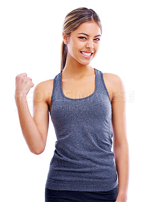 Buy stock photo Studio, athlete and portrait of woman, fist and celebrate to workout for fitness, health and wellness. White background, adult and female person with care for sports, exercise and muscle for girl