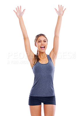 Buy stock photo Portrait, woman or excited at success of fitness, exercise or training in studio on white background. Female person, freedom or hands in air as performance, power or celebration of gym achievement