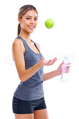 Buy stock photo Happy woman, portrait and fitness with apple or water in natural sustainability or diet on a white studio background. Active female person or athlete with smile, green organic fruit and mineral drink