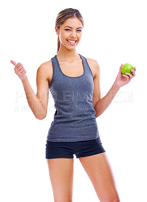 Buy stock photo Portrait, thumbs up and woman with smile, apple and nutrition isolated on a white studio background. Person, mockup space and model with fruit and hand gesture with wellness and feedback with review