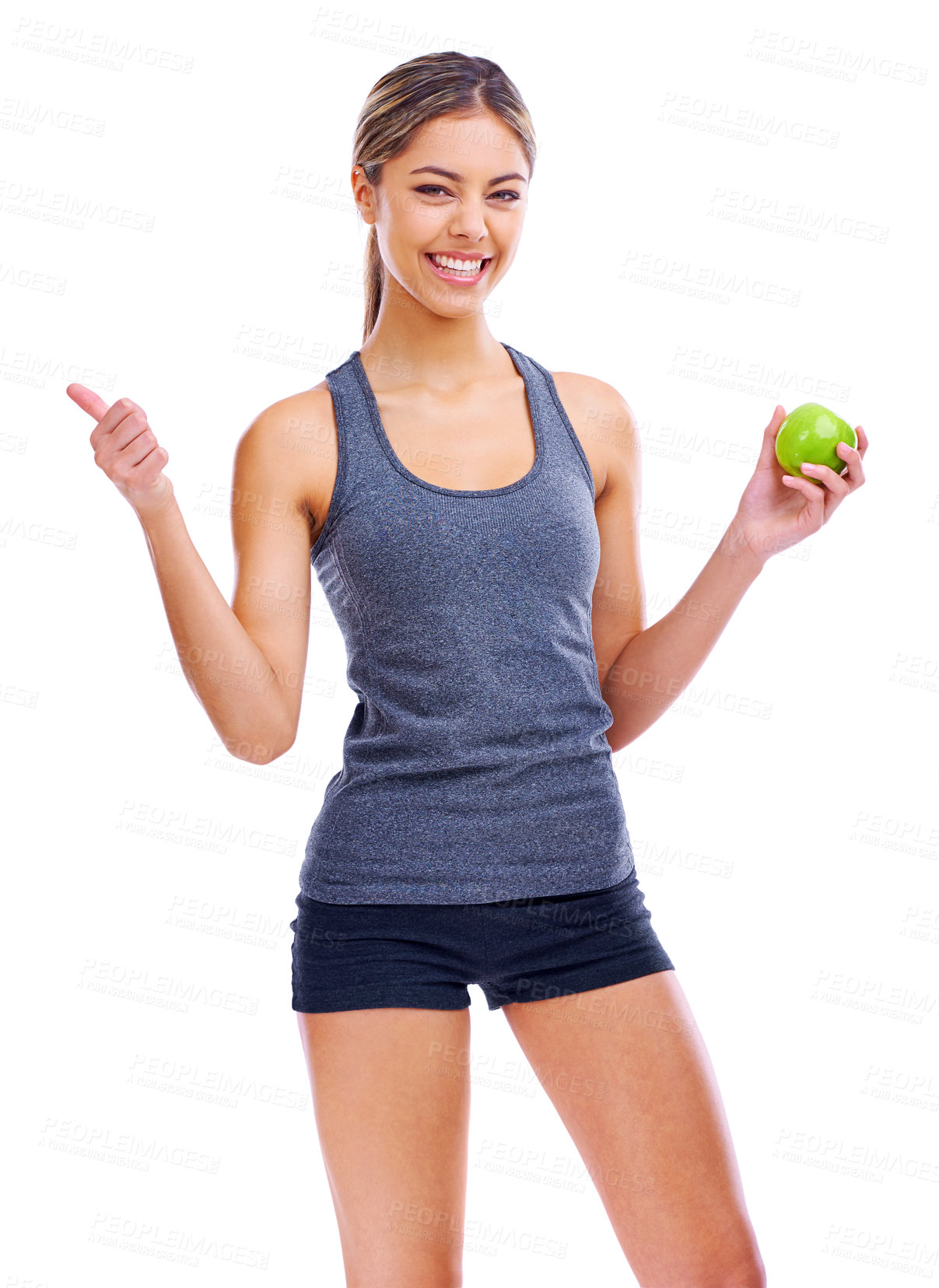 Buy stock photo Portrait, thumbs up and woman with smile, apple and nutrition isolated on a white studio background. Person, mockup space and model with fruit and hand gesture with wellness and feedback with review