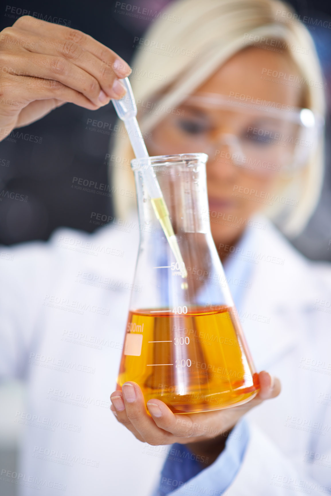 Buy stock photo Science, study and woman with liquid in beaker for medical research, vaccine innovation or analysis. Laboratory, medicine and scientist with solution in glass for safety test, exam or investigation