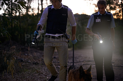 Buy stock photo Shot of two policemen and their canine tracking a suspect through the brush at night