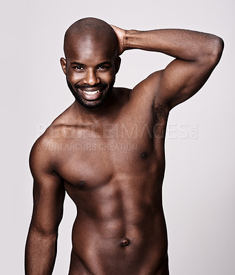 Buy stock photo Black man, shirtless and body with six pack in portrait, fitness and health with muscle on white background. Exercise, sport and athlete with abs, confident and masculine with testosterone in studio