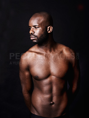 Buy stock photo Black man, shirtless and body with abs in studio, fitness and health with muscle isolated on dark background. Exercise, sport and athlete with six pack, confident and masculine with testosterone 