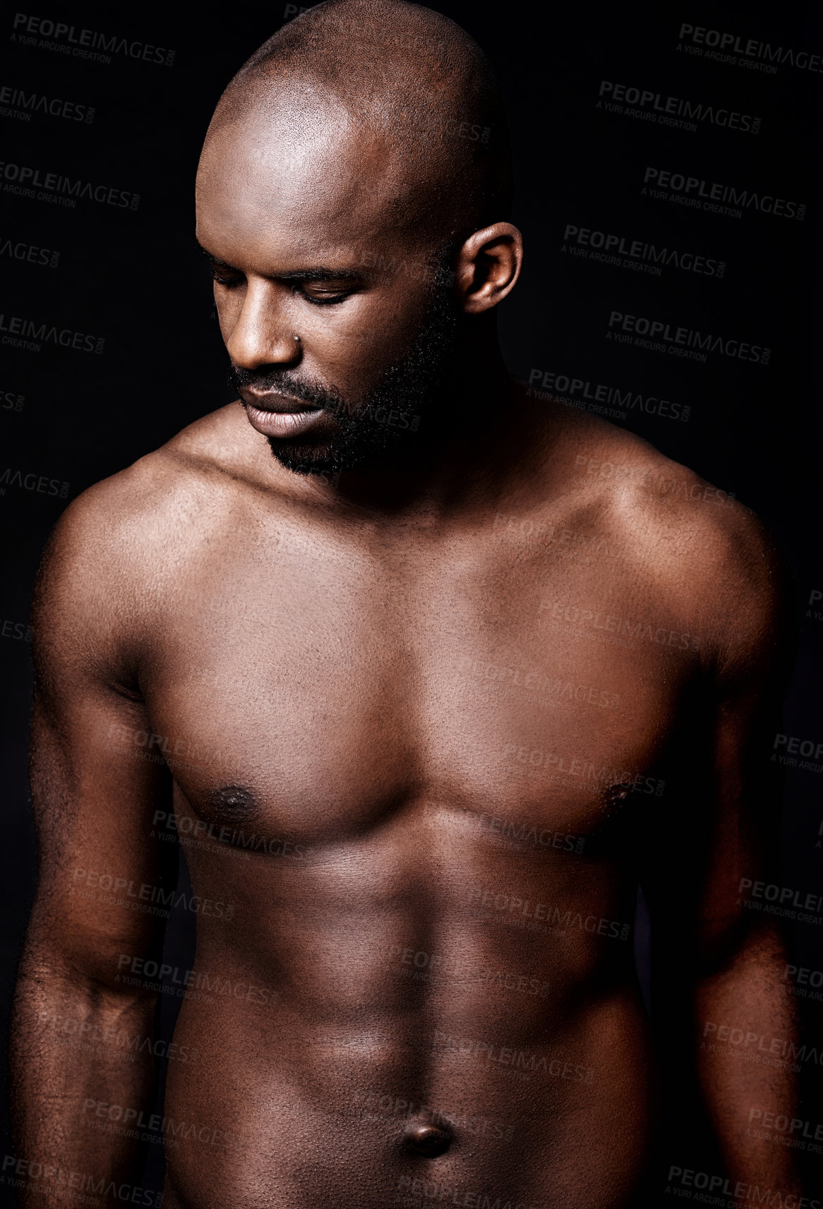 Buy stock photo Black man, shirtless and body with six pack, fitness and health with muscle isolated on dark background. Exercise, sport and athlete with abs, confident and masculine with testosterone in studio