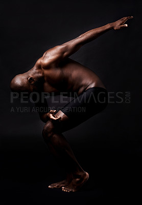 Buy stock photo Black man, dancer and fitness with muscular body for energy, style or art on a dark studio background. African male person, performer or bodybuilder in pose for muscle or strength on mockup space