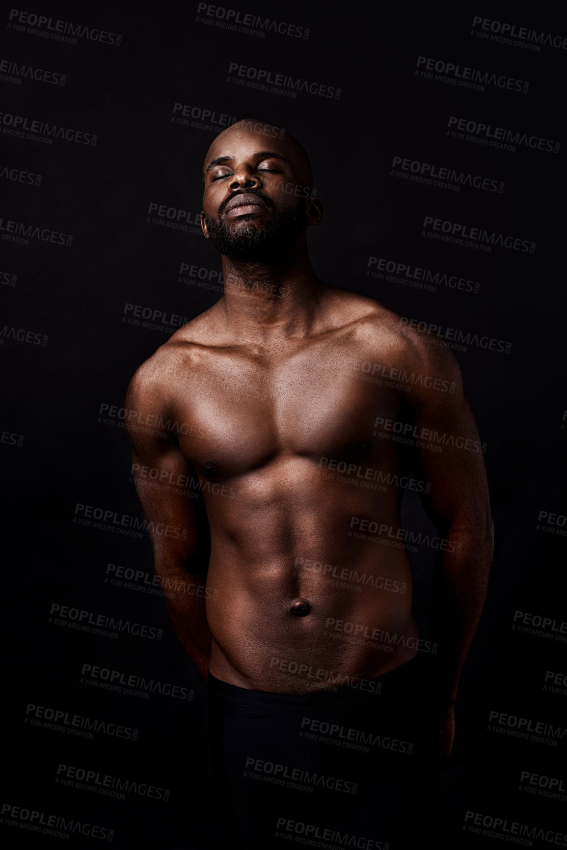 Buy stock photo Black man, model and muscle with fitness, fashion or masculine figure on a dark studio background. Attractive African, male person or bodybuilder with eyes closed for abs or strength on mockup space