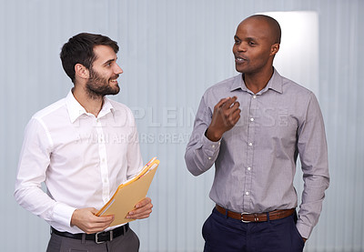Buy stock photo Men, paper or smile in office, conversation or exchange of idea for support, trust or networking. Businessmen, document or happy to talk, discuss or explain for professional, corporate or project