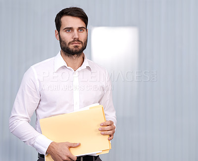 Buy stock photo Thinking, paperwork and man in office for insurance, application review and folder with policy. Mockup, male broker and vision with document for professional career, idea and file for premium