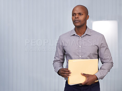 Buy stock photo Black man, file or thinking of business, question or planning to solve, report or wonder in project. Businessman, paper or idea of company, vision or dream of corporate, administration or career 