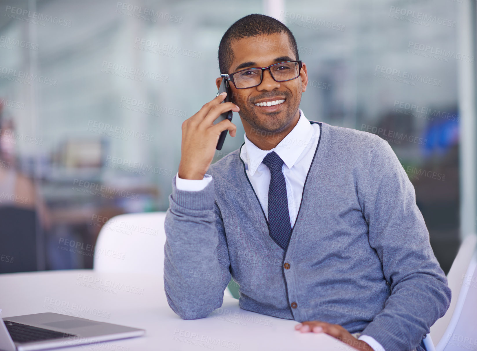 Buy stock photo Business man, phone call and portrait with smile in office for networking, contact and negotiation. African person, smartphone and happy for conversation, communication and connection in workplace