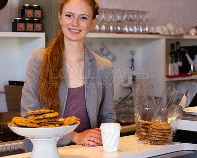 Buy stock photo Bakery, portrait and happy woman, business owner or entrepreneur in store. Restaurant, face and smile of professional cashier person from Norway in shop with pride for career, job and success mindset