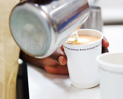 Buy stock photo Coffee, milk and hands of barista in cafe for cappuccino, breakfast or hot caffeine beverage. Closeup, waiter or pouring dairy foam for takeaway drink, latte art or premium cup of mocha in restaurant