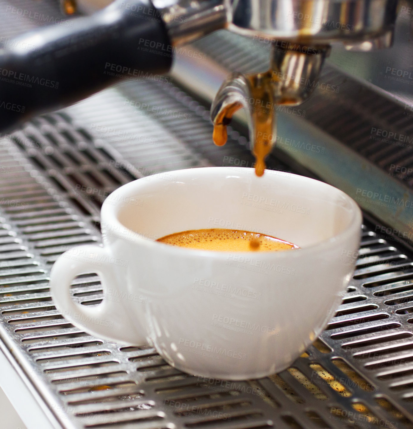 Buy stock photo Coffee machine, restaurant and espresso or hot drink in a cup at a small business on counter top. Kitchen, cafe and pouring latte or caffeine at shop with preparation with electrical appliance.