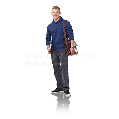 Buy stock photo Briefcase, fashion and portrait of businessman in studio with positive, good and confident attitude. Smile, bag and full body of young male person with stylish and elegant outfit by white background.