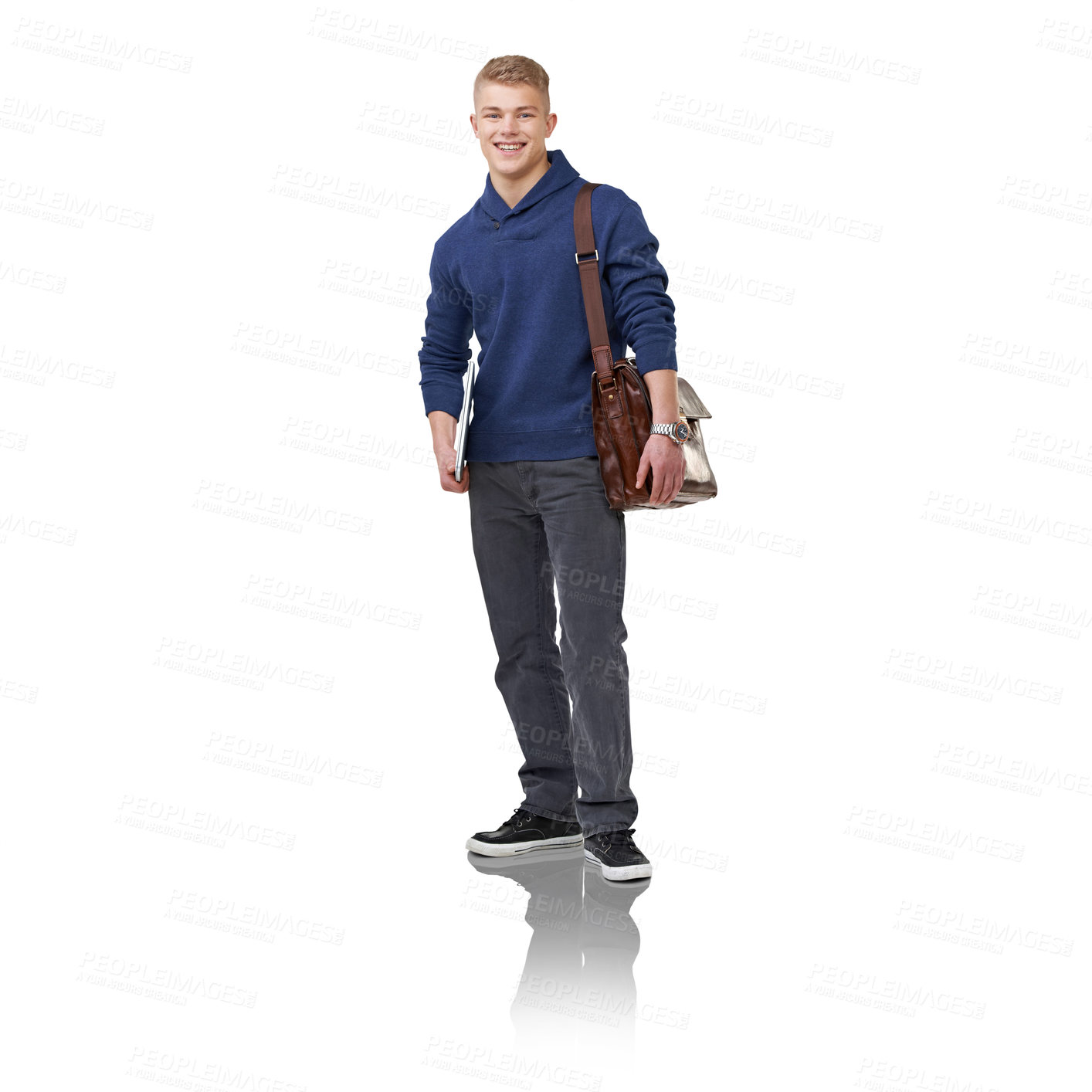 Buy stock photo Briefcase, fashion and portrait of businessman in studio with positive, good and confident attitude. Smile, bag and full body of young male person with stylish and elegant outfit by white background.