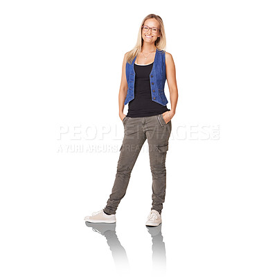Buy stock photo Fashion portrait, smile and confidence of woman isolated on a white studio background mockup space. Glasses, hands in pocket and happy model or young student in stylish casual clothes in Switzerland