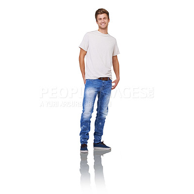 Buy stock photo Man, portrait or smile in studio for fashion, casual outfit or style for marketing or advertising. Person, face or happy and full length, trendy clothes or relax with mockup space on white background