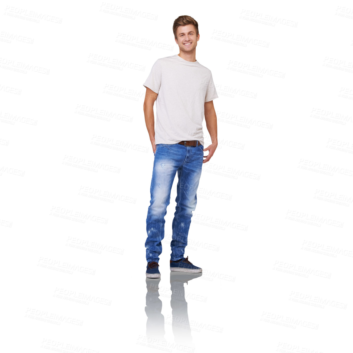 Buy stock photo Man, portrait or smile in studio for fashion, casual outfit or style for marketing or advertising. Person, face or happy and full length, trendy clothes or relax with mockup space on white background