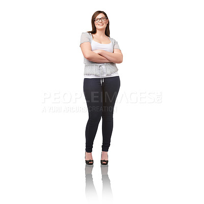 Buy stock photo Portrait, fashion and glasses with a woman arms crossed in studio isolated on a white background. Smile, happy and a confident plus size model in eyewear for vision with a body positive attitude