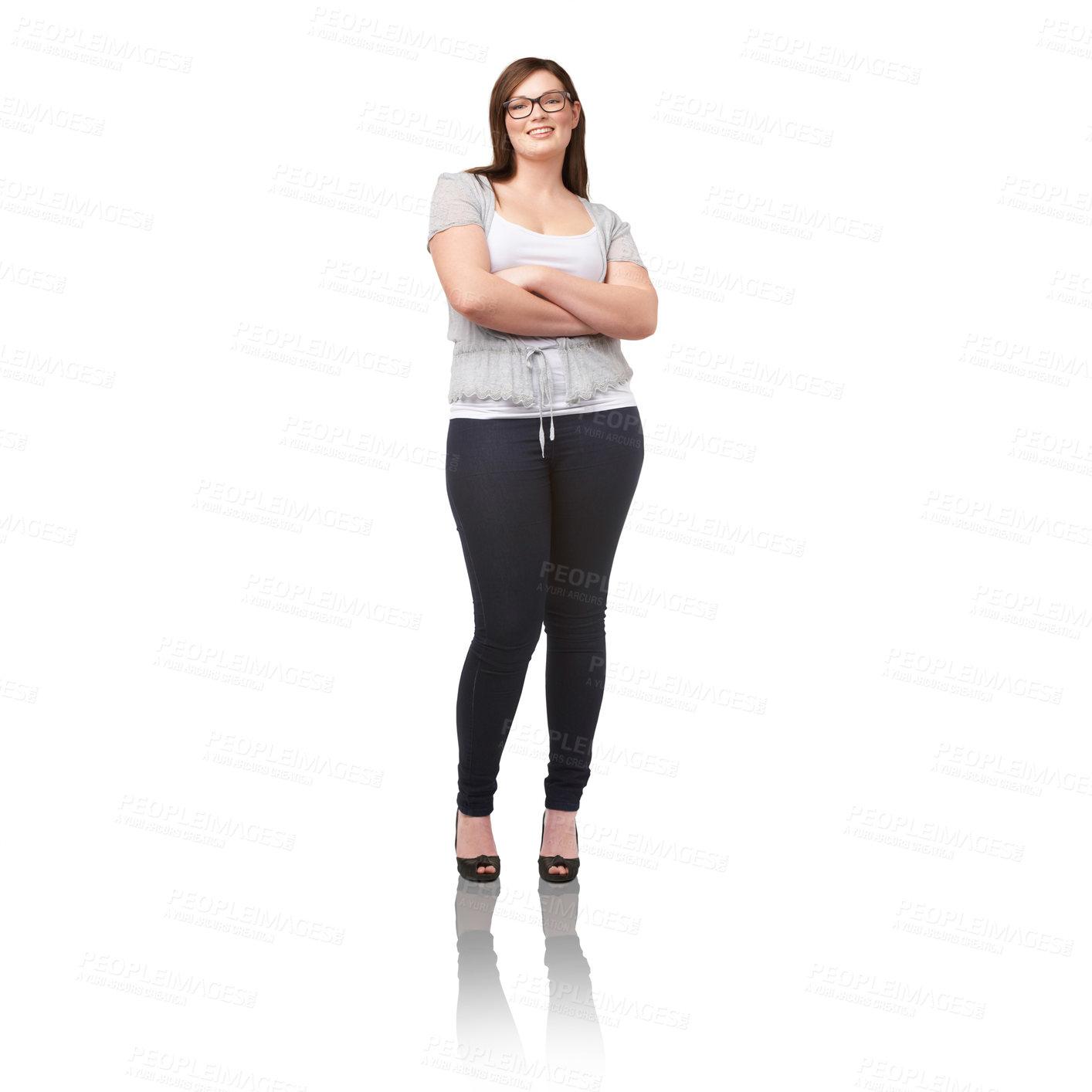 Buy stock photo Portrait, fashion and glasses with a woman arms crossed in studio isolated on a white background. Smile, happy and a confident plus size model in eyewear for vision with a body positive attitude