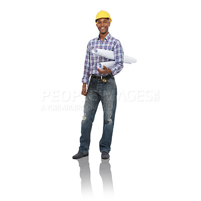 Buy stock photo Blueprint, happy and portrait of construction worker on a white background for maintenance or inspection. Engineering, studio and isolated black man with illustration, building report and documents