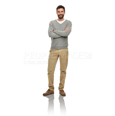 Buy stock photo Happy, portrait and man in studio with casual clothes for fashion in V neck pullover, pants and confidence or arms crossed. Young model or person from USA with relaxed style and on a white background