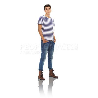 Buy stock photo Studio, portrait and teen with hands in pocket for fashion, relax or trendy clothes with jeans. Male person, boots and face with confidence for style, casual or relax with t-shirt on white background