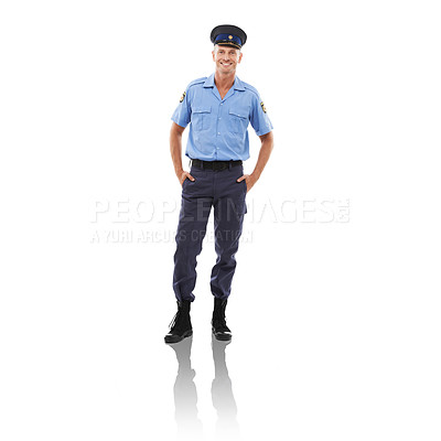 Buy stock photo Law enforcement, service and portrait of a police officer in uniform isolated on white background. Happy, confident and security man smiling for work in safety, crime and protection on a backdrop