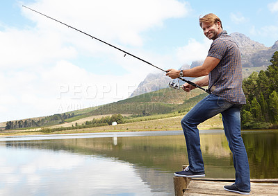 Buy stock photo Fishing, pole and portrait of mature man in nature for travel,  or stress relief at lake on vacation, holiday or trip. Fish, line and person at outdoor river for water, adventure or peace in a forest