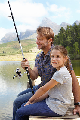 Buy stock photo Father, child and fishing in nature for teaching, learning and outdoor with holiday, travel or sustainable living in portrait. Happy family, dad or fisherman with girl by water or lake for adventure