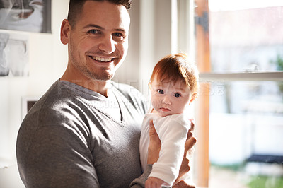Buy stock photo Father, baby and home portrait with care, love and support together with family bonding and development. Dad, smile and young child in a house with kid and parent happy about infant growth at window