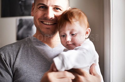 Buy stock photo Happy, portrait or father and baby in a house with love, trust or child development, support or bonding. Family, face or dad with kid at home for learning, safety or morning games, gratitude or pride