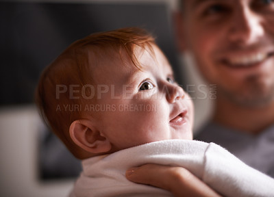 Buy stock photo Father, baby and happy in a new home with smile and relax of a newborn with dad together. Love, support and care in a family house with development, bonding and newborn with trust and proud of kid