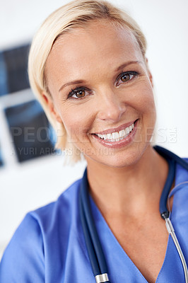 Buy stock photo Face, nurse and xray in hospital for healthcare service, research and planning with happy results or exam. Portrait of woman in medical career with film sheet in radiology for health and solution