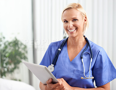 Buy stock photo Portrait, nurse and tablet in hospital for healthcare service, research and planning on clinic software. Face of woman in medical job on digital technology for online charts, schedule and telehealth