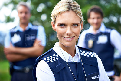 Buy stock photo Security, law enforcement and portrait of police woman outdoors for crime, protection and safety service. Teamwork, collaboration and officer with confidence for patrol, justice and surveillance