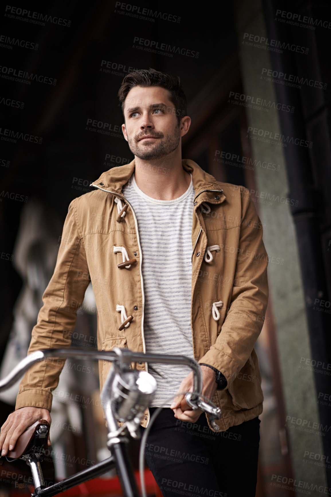 Buy stock photo City, commute and man with bicycle walking on sidewalk, thinking and eco friendly transport. Carbon neutral, sustainability and tourist on street for urban journey, morning travel and male with bike