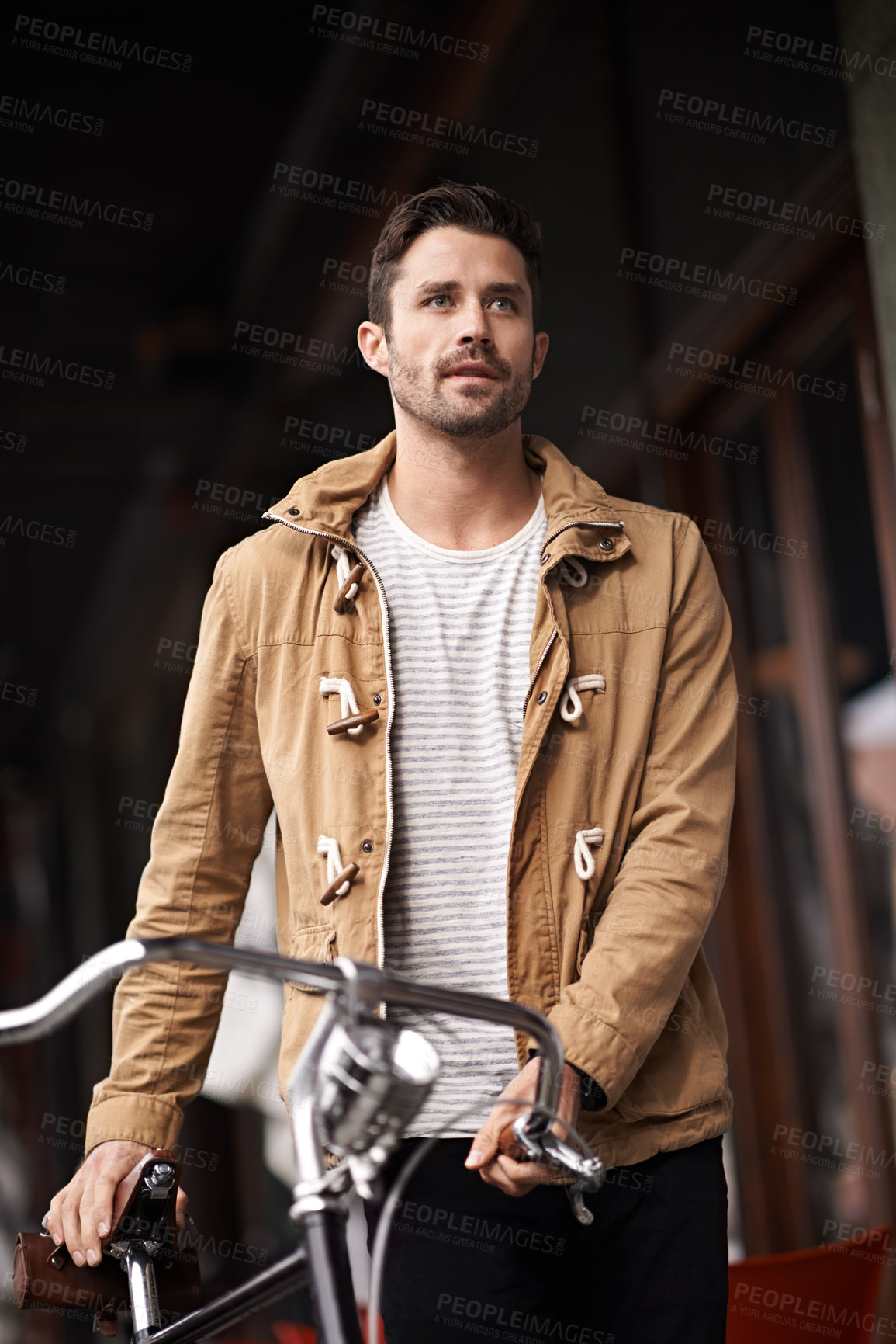 Buy stock photo City, travel and man with bicycle walking on sidewalk, thinking and eco friendly transport. Carbon neutral, sustainability and tourist on street for urban journey, morning commute and male with bike