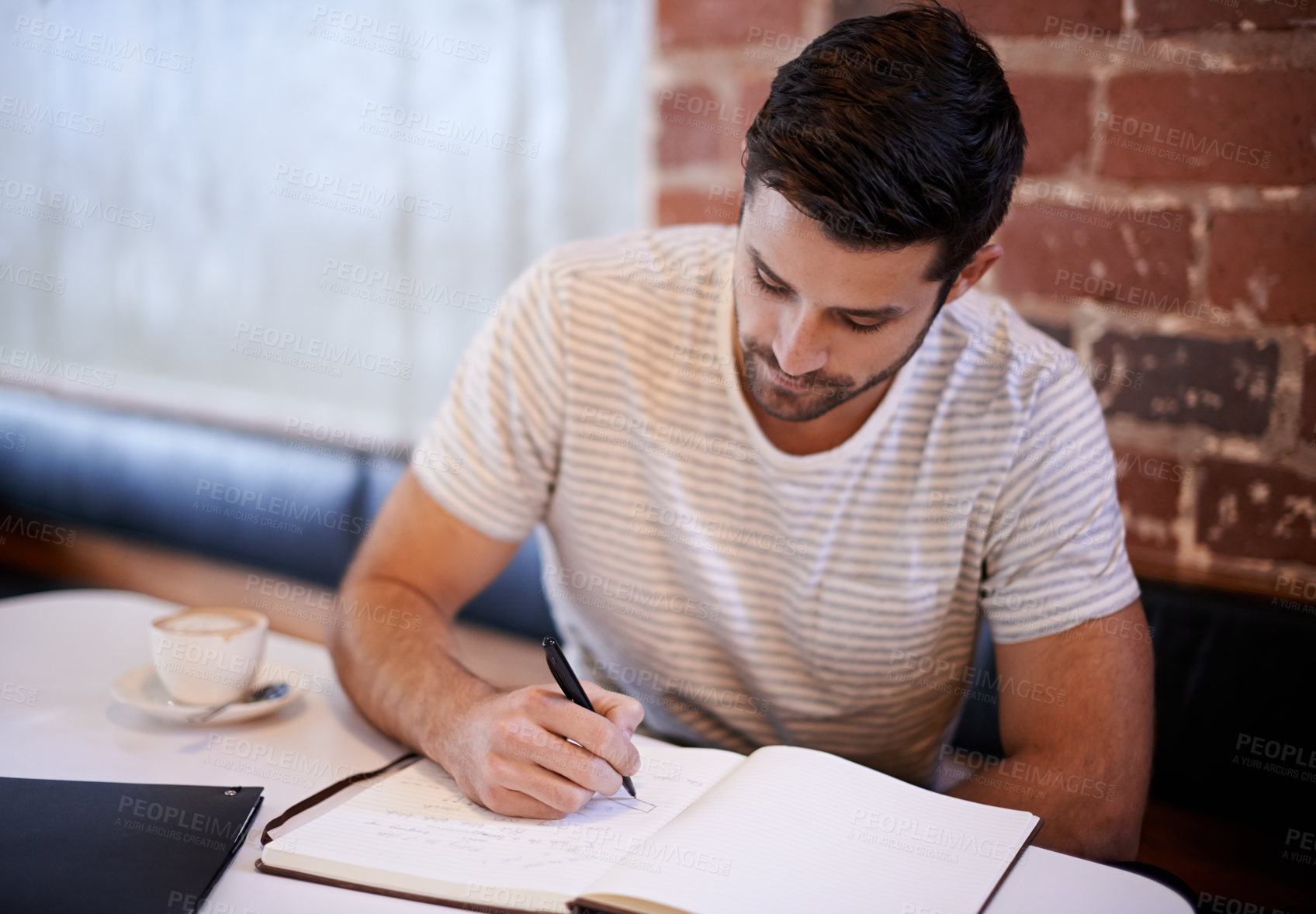 Buy stock photo Man, coffee shop and notebook for writing ideas, inspiration and writer for creativity in restaurant. Male person, journal and planning for story or author, calm and peace in cafe for script project