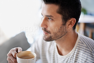 Buy stock photo Coffee, thinking and man with drink in restaurant, cafeteria and diner for breakfast, wellness and break. Person with idea, thoughtful and wondering with beverage, caffeine and cappuccino in morning