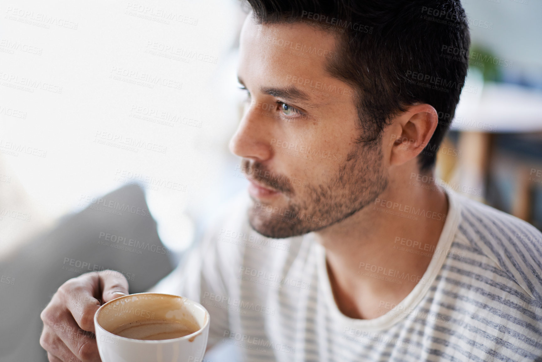 Buy stock photo Coffee, thinking and man with drink in restaurant, cafeteria and diner for breakfast, wellness and break. Person with idea, thoughtful and wondering with beverage, caffeine and cappuccino in morning