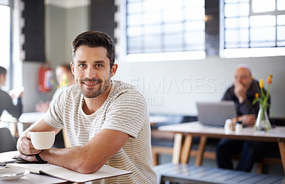 Buy stock photo Man, tea and freelancer portrait in coffee shop, ideas and planning for startup company in cafe. Male person, latte and relax in restaurant for remote work in notebook, contemplating and inspiration