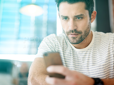 Buy stock photo Man in cafe, smartphone and scroll on social media, reading on mobile app or ebook with communication and contact. Chat, email or text message with tech, search internet and online at coffee shop
