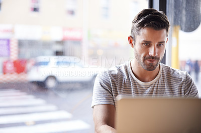 Buy stock photo Entrepreneur, laptop or man in cafe reading news online the stock market for trading report update. Coffee shop, remote work or trader typing an email or networking on internet or digital website