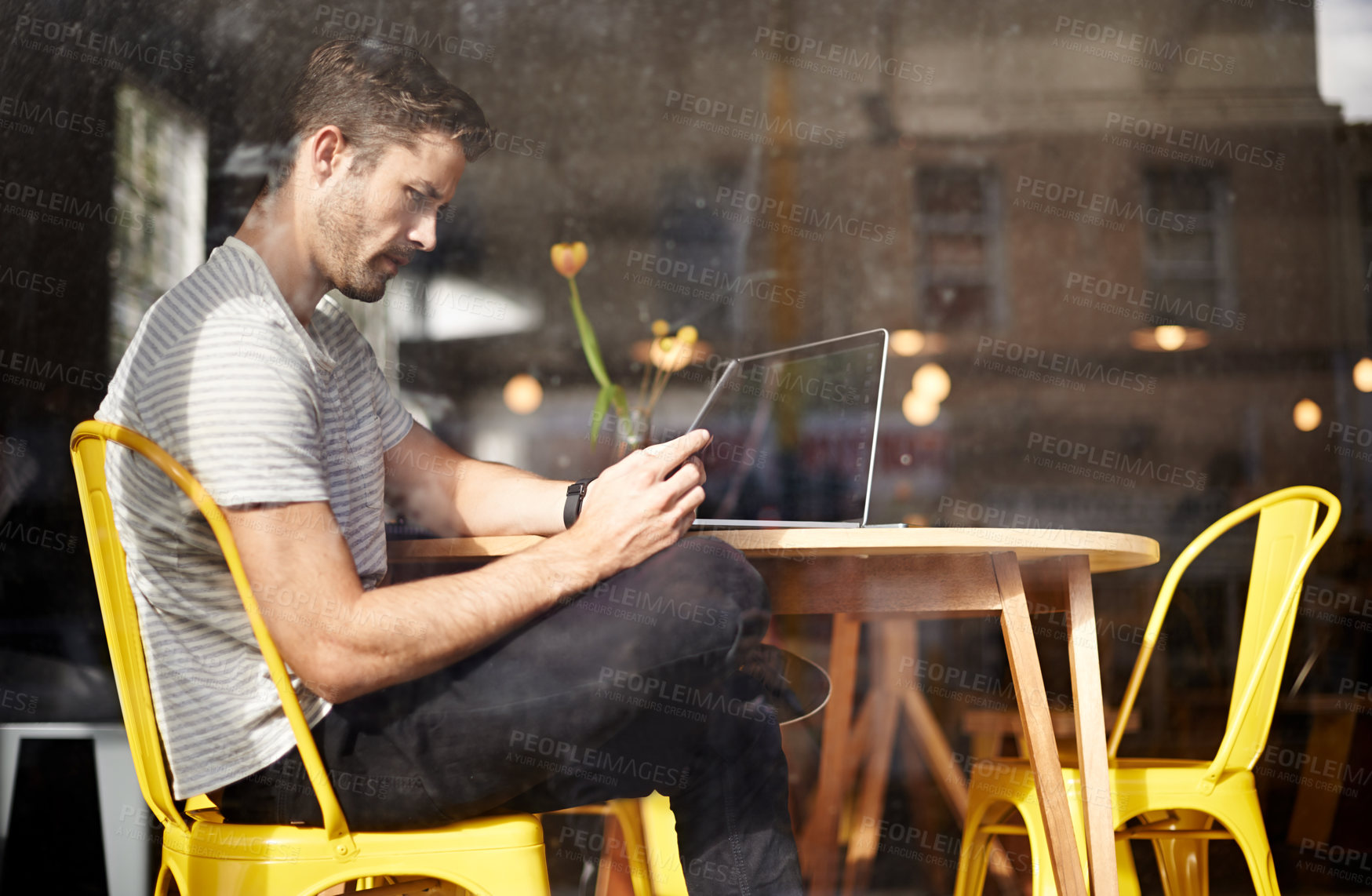 Buy stock photo Man, tablet and coffee shop for blog, online communication and website for information. Male person, cafe and app for conversation, social media and remote work in restaurant for internet research