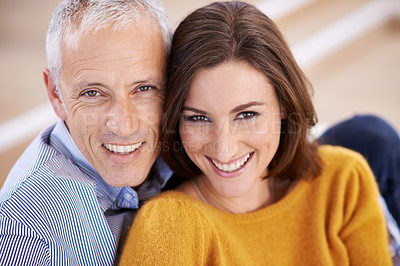 Buy stock photo Couple, age difference and smile in portrait, love with unique relationship and support for trust at home. Senior man, young woman in marriage, commitment and loyalty with partner and pride together