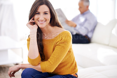 Buy stock photo Woman, happy and portrait at home in the morning on living room sofa with confidence. Female person, smile and couple in house with marriage and love on couch with relationship in a lounge on a break