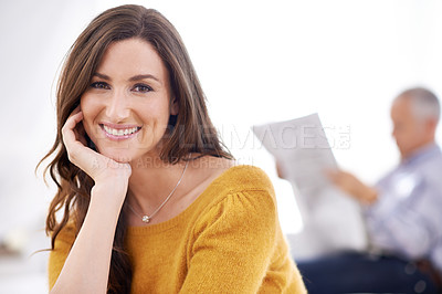 Buy stock photo Shot of a happy mixed age couple at home